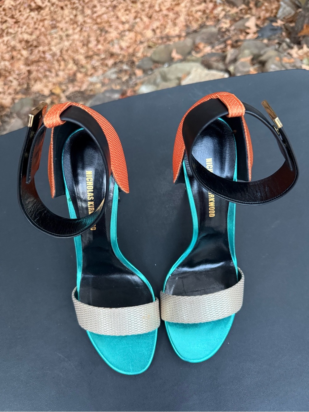 Nicholas Kirkwood Teal, Orange & Beige Leather Ankle-Strap Sandals